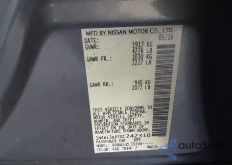 2016 Nissan Altima 2.5 Sr из США, поврежденный, VIN 1N4AL3AP7GC242310